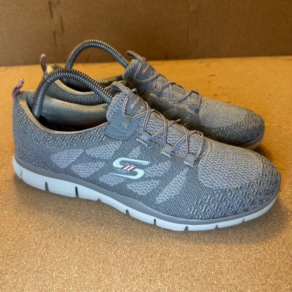 Skechers Sport Womens Gray Pink Knit Bungee Lace Walking Sneakers 22758 Size 10